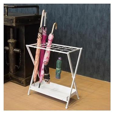 Imagem de x3anggyt5 Suporte de guarda-chuva de metal dobrável para ambientes internos com bandeja coletora, organizador de rack livre para decoração de entrada, escritório, pátio, 18 compartimentos, 10 ganchos