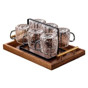 Imagem de x3anggyt5 Conjunto de copos de bebida com textura glaciar com suporte de copo de metal preto e bandeja de nogueira com alças, para escritório em casa