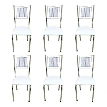 Imagem de Kit 6 Cadeira Jantar Moderna Cromada Aço Junco Cozinha Sala Branco Cromada