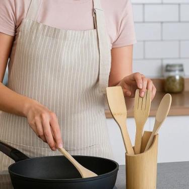 Imagem de Kit Bambu 5 Peças Colher Espátula Natural Sustentável Madeira Cozinhar