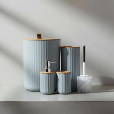 Imagem de Kit Banheiro Bambu Premium Cinza Acessorios 4 Peças Decoração Lavabo
