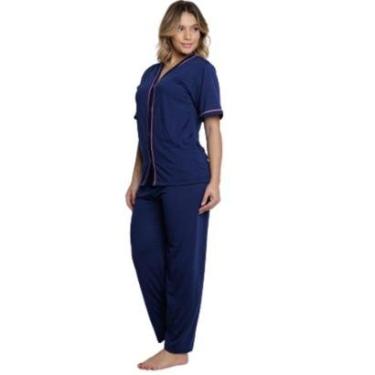 Imagem de Pijama Americano Bloqueira Curto Serra e Mar Modas Amamentação Aberto Botão Cirurgico Linha Noite-Feminino