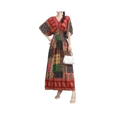 Imagem de Vestido Midi Vintage Boêmio Floral Para Mulheres Com Decote Em V E Cin