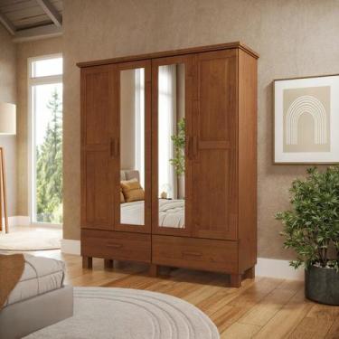 Imagem de Guarda-roupa 4 Portas 2 Gavetas com Espelho 100% Madeira Maciça Bronze
