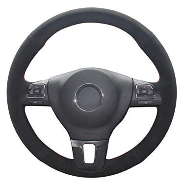 Imagem de SAXTZDS Capa de volante de carro costurada à mão em camurça preta, adequada para Volkswagen GOL Tiguan Passat B7 Passat CC Touran Jetta Mk6 2010-2017