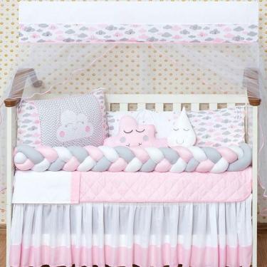 Imagem de Kit Protetor Berço Americano Menina Nuvem Trança E Saia Rosa