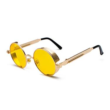 Imagem de Óculos de sol redondos retrô de metal Steampunk masculinos femininos óculos de sol vapor punk tons elegantes círculo designer uv400, ouro claro amarelo, uv400
