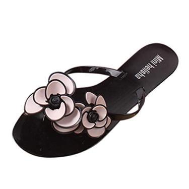 Imagem de Chinelos florais para uso ao ar livre chinelos praia moda casual feminina flip chinelo feminino sandálias boas vibrações, Preto, 7.5