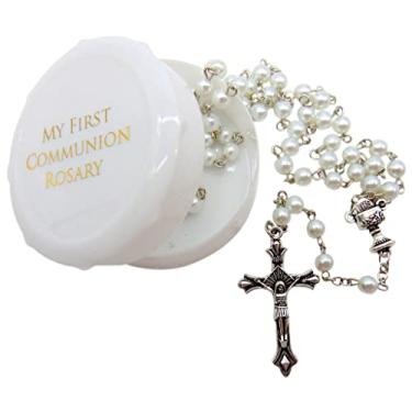 Imagem de Terço da Primeira Comunhão para Meninas Conjunto de Contas de Vidro Branco com Cálice de Metal e Crucifixo com Caixa e Cartão de Oração Católica, Vidro de metal