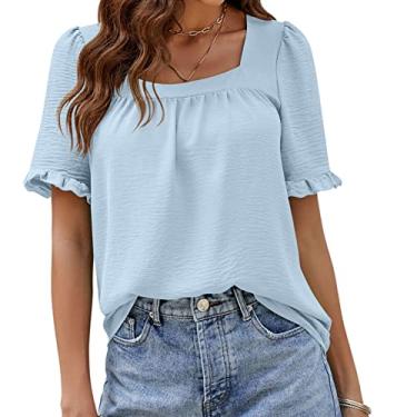 Imagem de Camiseta feminina de manga curta, blusas casuais de verão manga com babados tops blusa plissada pulôver, azul, G (busto: 107 cm)