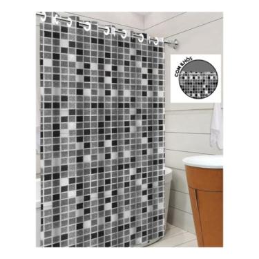 Imagem de Cortina Box Para Banheiro com Ilhós Desenho Pastilhas Preta e Cinza Antimofo Impermeável Tamanho 1,38CM X 1,98CM