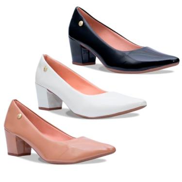 Imagem de Kit 3 Sapato Scarpin Feminino Salto Baixo Bloco Bico Fino R2.11/R2.12 (Nude/Branco/Preto Verniz, BR, Adulto, Numérico, M, 35)