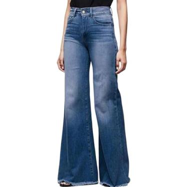 Imagem de RuuTe Calça jeans feminina de perna larga para primavera, verão, stretch, Azul escuro, M