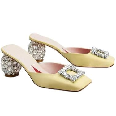 Imagem de ZIRIA Sandálias femininas bico quadrado mules femininas de salto alto de cristal sapatos femininos sandálias, Amarelo, 36