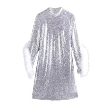 Imagem de Vestido feminino camiseta prata lantejoulas vestido casual gola redonda manga longa midi vestido clube festa, Prata, M