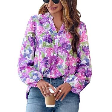 Imagem de Blusa Fina Estampada Com Decote Em V, Blusa Estampada Floral Com Decote Em V da Moda Respirável para Mulheres para a Vida Diária (L)