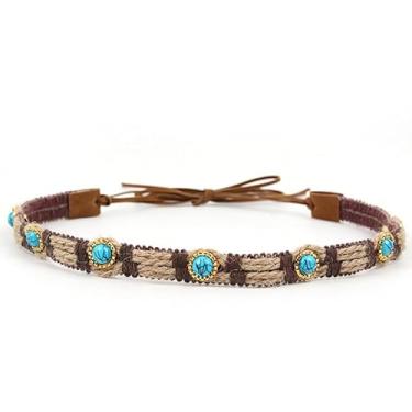 Imagem de GRNUS Pulseiras de chapéu para mulheres, chapéu Fedora, masculino, cowboy, cowgirl, feito à mão, acessórios de cinto, cinto de corda, Corda de cânhamo + pedra preciosa azul, 1 Count (Pack of 1)
