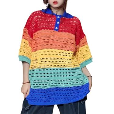 Imagem de Moletom feminino arco-íris vazado meia manga Harajuku malha crochê camiseta transparente top grande, Arco-íris, M