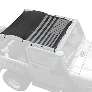 Imagem de Guarda-sol para Jeep Wrangler TJ 1996-2007 Toldo de sol de malha de comprimento total, bandeira dos EUA TJ cobertura superior macia, bloqueia UV, vento, ruído, bandeira preta da América