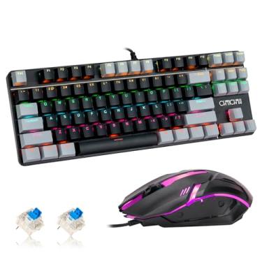 Imagem de Teclado e mouse 75% mecânico para jogos, CHONCHOW TKL 87 Teclas Blue Switche RGB Rainbow Backlit Keyboard 4200DPI Mouse Combo para Windows Laptop PC Gamer (Cinza)