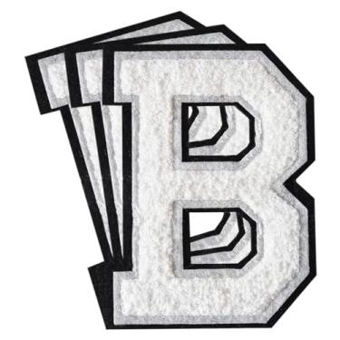 Imagem de 3 Pçs Remendos de letras de chenille de ferro em remendos universitários remendos bordados de chenille remendos costurados para roupas chapéu bolsas jaquetas camisa (branco, B)