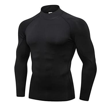 Imagem de LEICHR Camisetas de compressão masculinas de manga comprida e secagem fresca para academia com gola rolê, Preta nº 58, GG