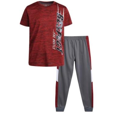 Imagem de Pro Athlete Conjunto de calças esportivas para meninos – 2 peças de camiseta de desempenho e calça de moletom de tricô – roupa esportiva para meninos (8-16), Respeito vermelho/cinza, 14-16