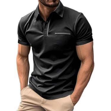 Imagem de Nuofengkudu Camisa polo masculina casual manga curta moda polo algodão golfe camiseta esportiva, Preto, P