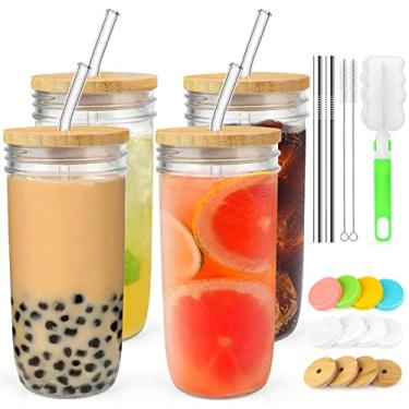 Imagem de Conjunto de 4 copos de vidro - Pote de vidro de 680 g com tampas de bambu e canudo de vidro e 12 tampas herméticas, pincel - Copos Boba para beber, garrafa reutilizável de viagem para café gelado,