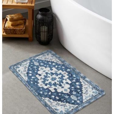 Imagem de Uphome Tapete de banheiro vintage azul boho antiderrapante tapete de banheiro oriental macio lavável à máquina, tapetes de banho bonitos tribais florais para pia tapete de porta de banheira, 45,7 x