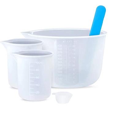 Imagem de Copos medidores de resina de silicone, suprimentos de resina, fáceis de limpar e reutilizáveis, 1 peça de 600 ml, 2 copos medidores de 100 ml, 1 copo de resina de silicone, 1 bastão para mistura de