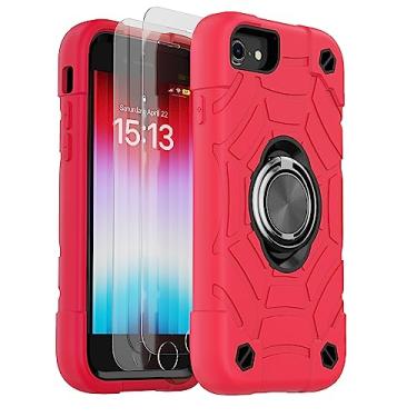 Imagem de KCJ Capa para iPhone SE 2022/2020, capa para iPhone 8/7/6/6S, com [2 × protetores de tela][suporte de anel] silicone macio + proteção total de policarbonato rígido capa de telefone resistente 4,7 polegadas (vermelha + preta)