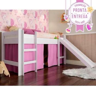 Imagem de Cama Infantil Elevada C/ Escorregador Cortina Rosa - Branco - Completa
