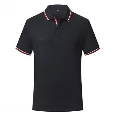 Imagem de Polos de desempenho masculino poliéster cor sólida listrado gola tênis camiseta ajuste regular leve magro ajuste esporte moda(Color:Black,Size:XL)
