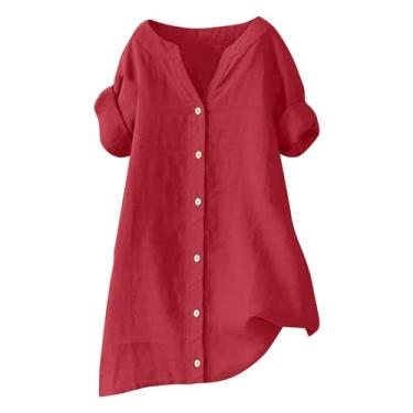 Imagem de Camiseta feminina de algodão e linho com gola V, botões curtos, cor sólida, blusas de manga comprida, camisetas modernas e elegantes, Vermelho, XXG