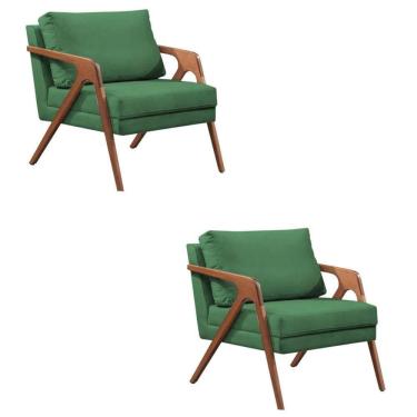 Imagem de Kit 2 Poltronas Decorativa Mona Luxo Linho Verde Base Madeira Maciça