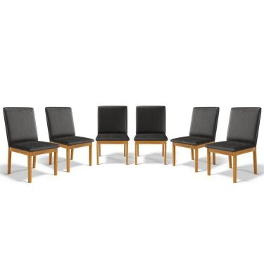 Imagem de Kit Com 6 Cadeiras Daniela Madeira Maciça Estofada Para Mesa De Jantar Courino Preto 503