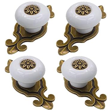 Imagem de Tverghvad Puxadores de armário de cerâmica, [pacote com 4] puxadores de gaveta vintage elegantes com placa traseira de bronze, alças decorativas para guarda-roupa/gaveta de cômoda/armário (branco, 4 peças)