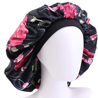 Imagem de Touca de noite de cetim com elástico de borda larga, touca de quimioterapia, touca de salão de beleza, touca para cuidados com os cabelos, preta