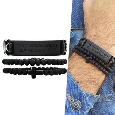 Imagem de Kit C/03 Pulseiras de Couro Tudo Posso Naquele que me Fortacele Bolinh
