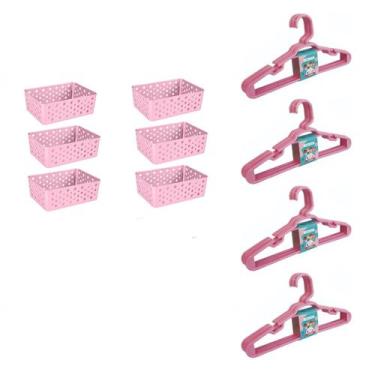 Imagem de Kit 6 Cestos e 20 Cabides Infantis Organizadores Rosa - 123 Organizei