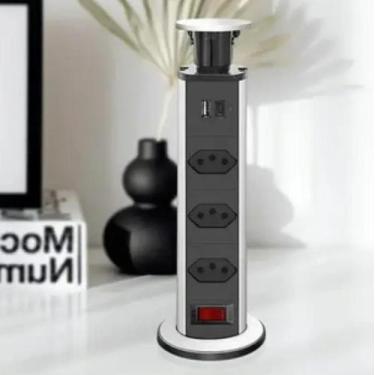 Imagem de Torre Tomada Retrátil Multiplug Embutir Mesa 3 Tomadas e USB Preta - B