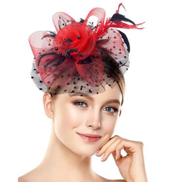 Imagem de Chapéu Fascinators vintage anos 20, anos 50, para mulheres, festa de chá, Halloween, tiara de flores, chá de panela, casamentos, eventos temáticos, Preto, vermelho, 1-2