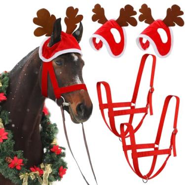 Imagem de Paterr 4 peças acessório de cavalo de Natal, Papai Noel, elfo, rena, cavalo, chapéu de cavalo de férias com cabresto de cavalo de nylon ajustável para acessórios de fantasia de cavalo de Natal (estilo rena)