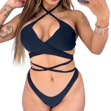 Imagem de Biquini com BojoTrançado Sexy Decotado Com Bojo - Gringas Model, Preto