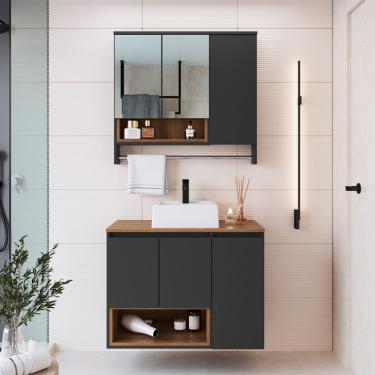 Imagem de Conjunto de Gabinete com Cuba Branca e Armário de Banheiro com Espelho e Nicho Cecília 6 PT Mel e Grafite