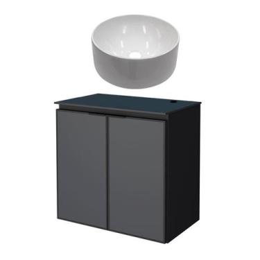 Imagem de Gabinete Para Banheiro Preto Aço Umbu Tampo Vidro Com Cuba Domo Cozima