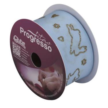 Imagem de Fita Gorgurão Cor 031 Coelhinhos Glitter Páscoa Azul 38 mm 10 Mts Fita