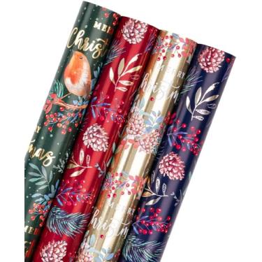 Imagem de WRAPAHOLIC Rolo de papel de embrulho de Natal jumbo - vermelho, verde, pássaro dourado, guirlanda de Natal, azevinho e pinhas com design de brilho metálico - 4 rolos - 76 x 30 cm por rolo