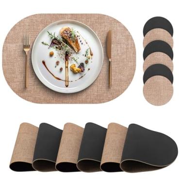 Imagem de yuuzue Conjunto de 6 Jogos Americanos de Couro Sintético, Ovalaresistentes ao Calor e à Prova d'Água, com Porta-Copos, em Cáqui e Preto